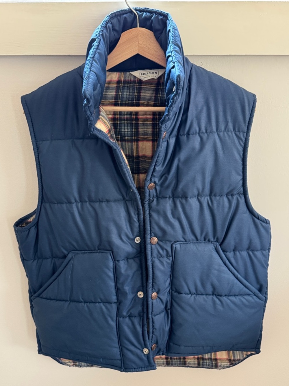 Vintage Nelson Puffer Vest Blue Plaid Snap Button Front Made in USA Retro Size M